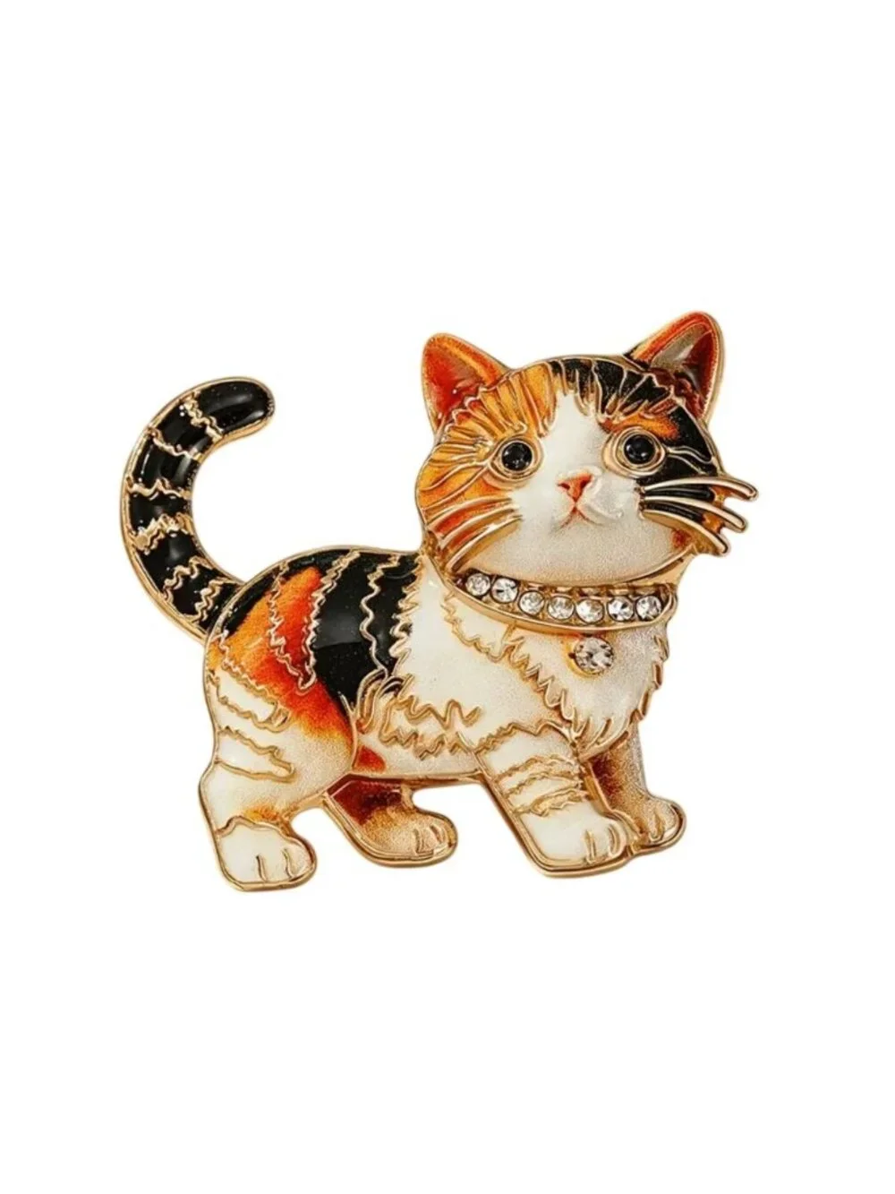 Calico Kitty Cat Brooch Pin Enamel & Crystal Gold-Tone